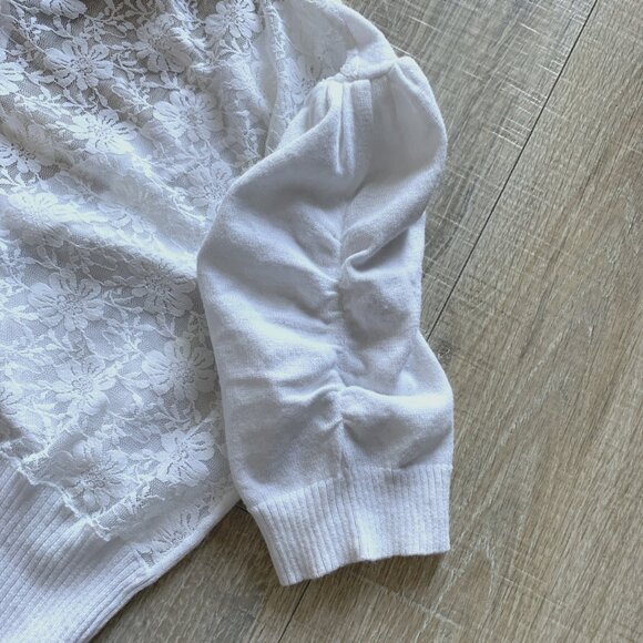 Derek Heart Lace Back Cropped Cardigan Short Sleeve Button Y2K White Sz Large L - Picture 5 of 9